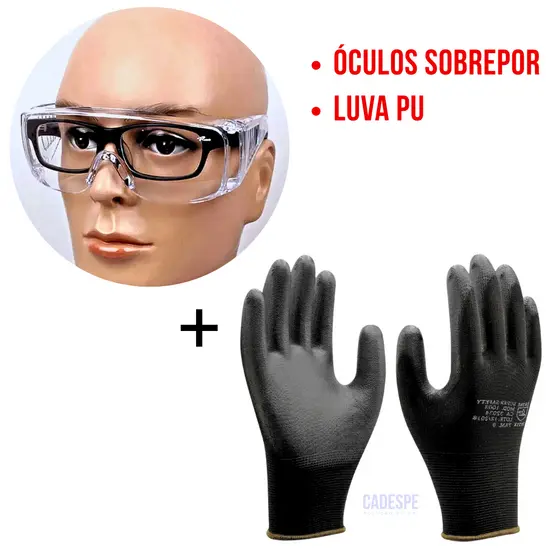KIT Óculos Sobrepor Incolor + Luva Multitato PU / Jardinagem Eletricista Epi Proteção Segurança
