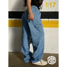 Calça cargo jeans larga, calça jeans feminina moda unissex skatista calça com bolso