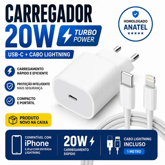 Carregador Turbo Para Iphone 20W USB-C com Cabo Lightning 1m Modelos 11 12 13 14 Pro Max