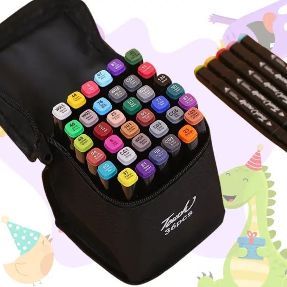 Kit Canetinhas 24/36 Cores Marcadora Com Ponta Dupla Preto/Pintura De Arte Caneta ante mancha