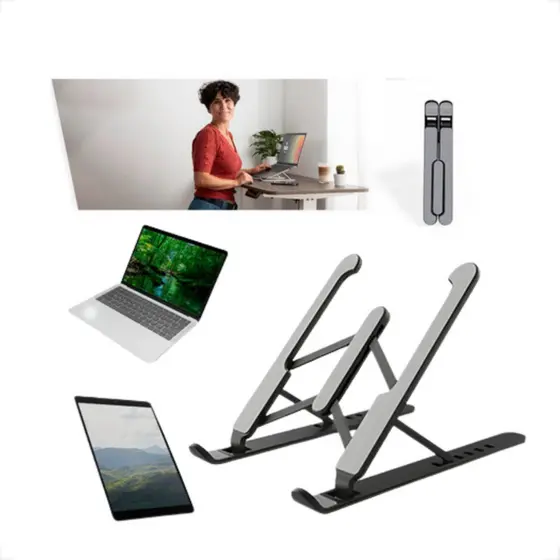 Kit 2 Suporte Para Notebook De Mesa Dobrável Ergonômico Ajustável Preto Fino Ipad Netbook Tablet