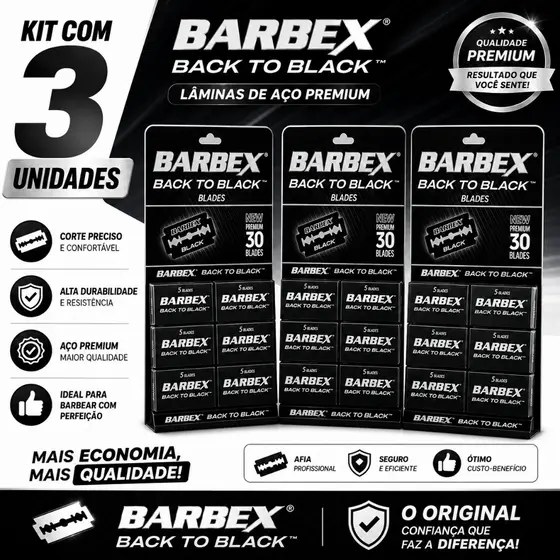 Kit 3 Cartelas Lâminas de Barbear Barbex Back To Black Premium 90 Lâminas Aço Inoxidável