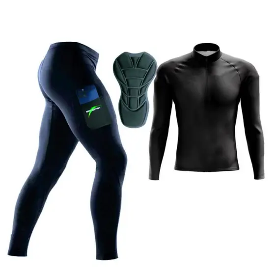 Conjunto Ciclismo Masculino Calça E Camisa Com Bolso Traseiro Ziper Frontal e Forro Anti Impacto D90