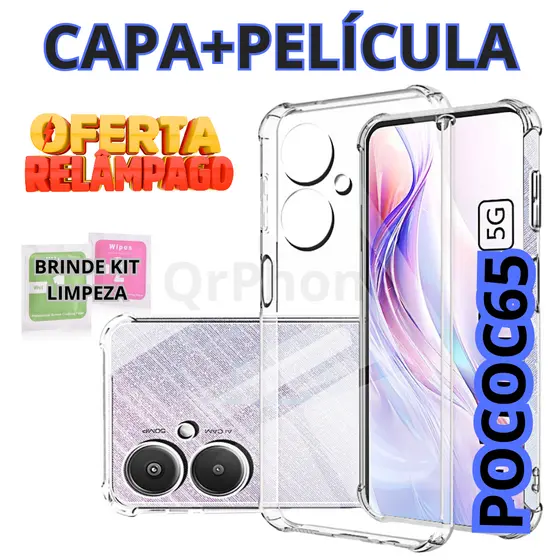 Capa Poco c65 transparente kit capa + película brinde kit limpeza