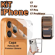 Capa iPhone 17-17 Air-17 Pro-17 Pro Max Transparente / Película 3D / Protetor Câmera + kit Limpeza