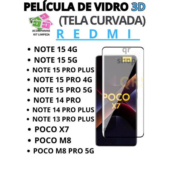 Película curvada de Vidro 3D para Redmi note 14 PRO PLUS 15 PRO PLUS 13 Pro PLUS NOTE 15 Poco X7 M8 5G M8 PRO 5G