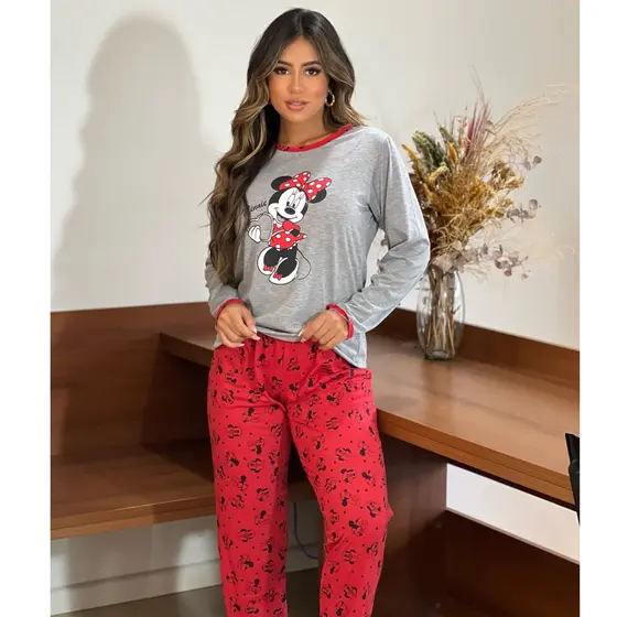 pijama feminino adulto malha manga longa estampado