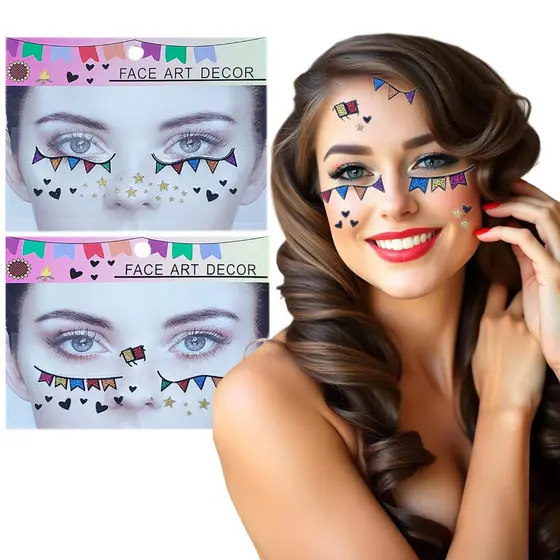 Festa Junina Maquiagem Adesiva para o Rosto Face Jewels - Kit com 2 Cartelas Sortidas