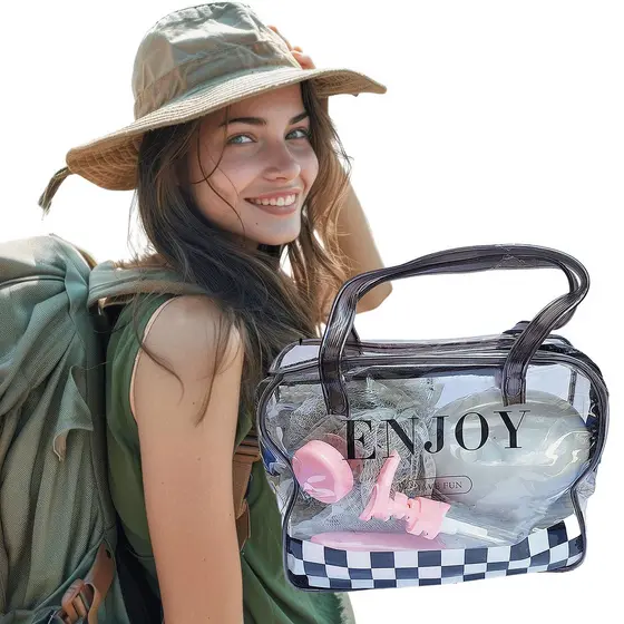 Kit Necessaire PVC Viagem Luxo + Frascos + Saboneteira + Esponja + Pente = 8 Produtos Organizador Travel