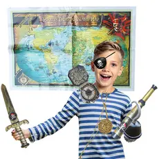 Kit Acessório Fantasia Infantil Pirata: Mapa + Bússola + Gancho + Tapa Olho + Medalhão + Monóculo + Faca = 7 Produtos