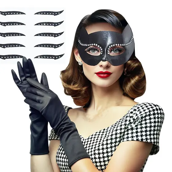 Kit Acessório Fantasia Mulher Gato Halloween Carnaval Cosplay: Máscara + Luvas + Delineador Adesivo