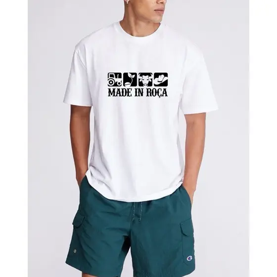 Camiseta Made in Roça – Estilo Agro, Rural, Country, Algodão 100%, Unissex, Branco e Bege, P ao G