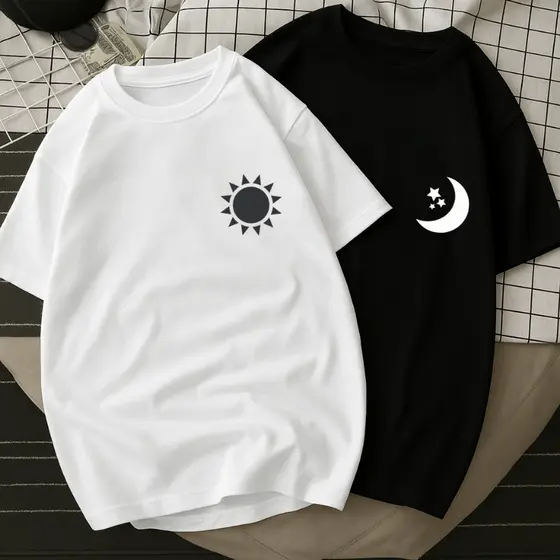 Kit Casal Blusas Algodão Camiseta  Lua Sol Confortável Leve Verão Tendência Namorados