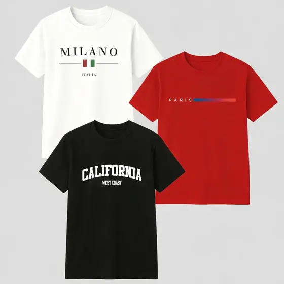 Kit Camiseta Masculinas, Kit com 3 Camisetas Masculinas Camiseta Paris, Milano, Calif贸rnia, infantil