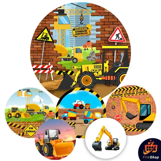 Capa Painel de festa 50x50 CM - VARIOS TEMAS - Trator em obras / Escavadeira / Construção - Tecido C/ Elástico SUBLISTAR