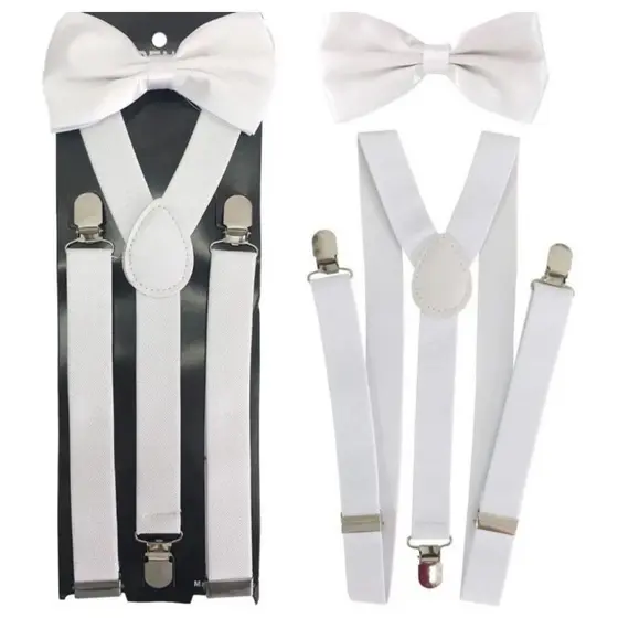 Kit Suspensório + Gravata Borboleta Adulto Unissex Branco