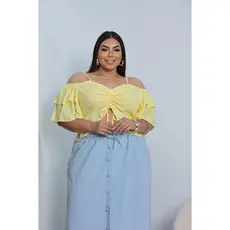 Blusa Cropped Plus Size - Manga curta em camadas - Ombro a Ombro - Cordão para justar decote- Primavera Verão