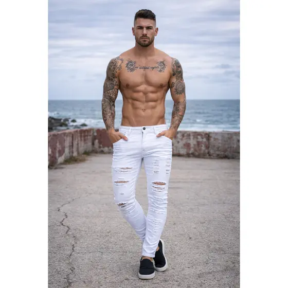 Calça Jeans Branca Skinny Masculina Com Detalhes Rasgados