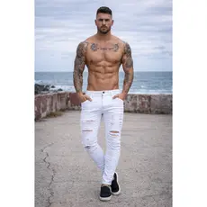 Calça Jeans Branca Skinny Masculina Com Detalhes Rasgados