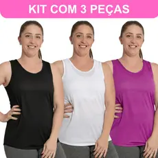 Kit 3 Regatas Esportivas Feminina Dry Fit Academia Corrida Treino Fitness Poliester com Elastano
