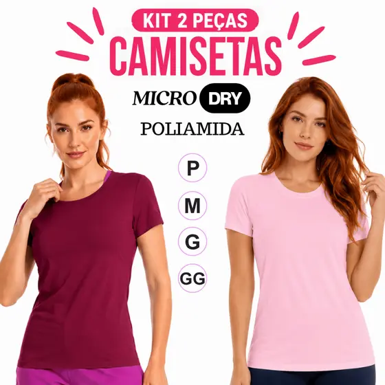 Kit 2 Blusas MicroDry Esportiva Fem Dry Academia Corrida Treino Fitness Poliamida/Elastano P M G GG