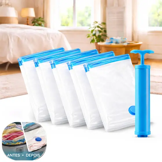 Kit 5 Sacos A Vácuo Tamanho Médio 40x60 Com Bomba Organizador Para Edredom Mala Roupa De Cama