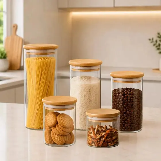 Kit 5 Potes De Vidro Herméticos Tampa Bambu Bacana Decor Porta Alimentos Mantimentos Temperos Redondo