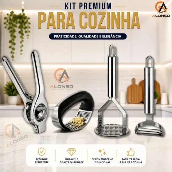 Jogo Utensílios Amassador Batata Amassador de Alho Espremedor de Limão e Descascador Legumes em Inox