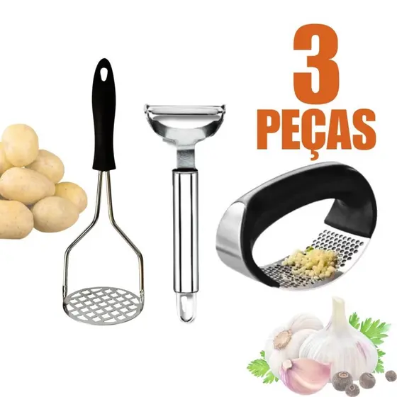 Jogo Utensílios domésticos Amassador Batata Amassador de Alho Descascador de Legumes em Inox