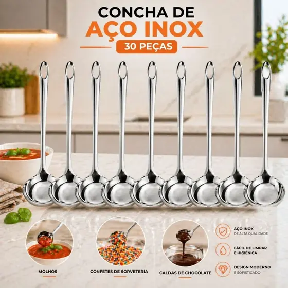 Kit 30/15 Mini Concha 16 Cm em Aço Inox Molho Farofa Calda Sorveteria Sobremesa