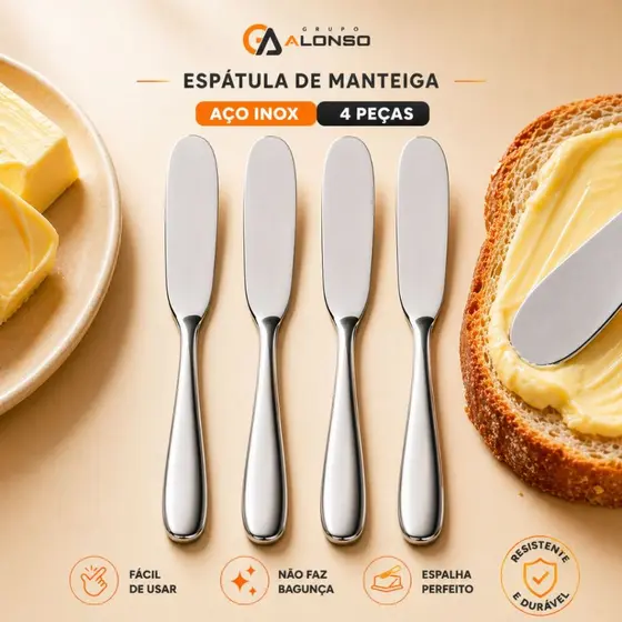 Kit 4 Peças Espátula de Manteiga Aço Inox p/ Patê Geleia Requeijão Margarina Casa Creme de Avelã