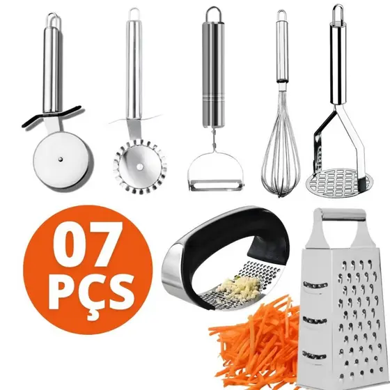 Kit 7 Peças Cortador Pizza Pastel Descascador Legumes Batedor Claras Amassador Batata Amassador Alho Ralador em Inox
