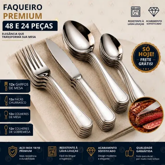 Kit 48 e 24 Peças Talher em Aço Inox Garfos Colheres Facas Colheres Sobremesa Linha Premium