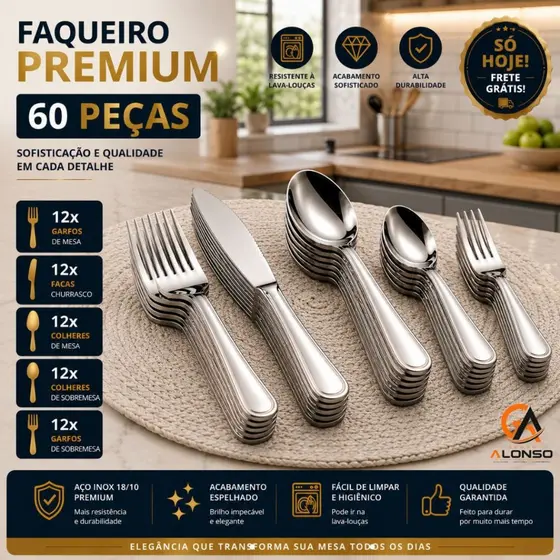 Kit 60 ou 30 Peças Talher de Mesa Aço Inox Garfos Facas Colheres Colheres Sobremesa Garfos Sobremesa