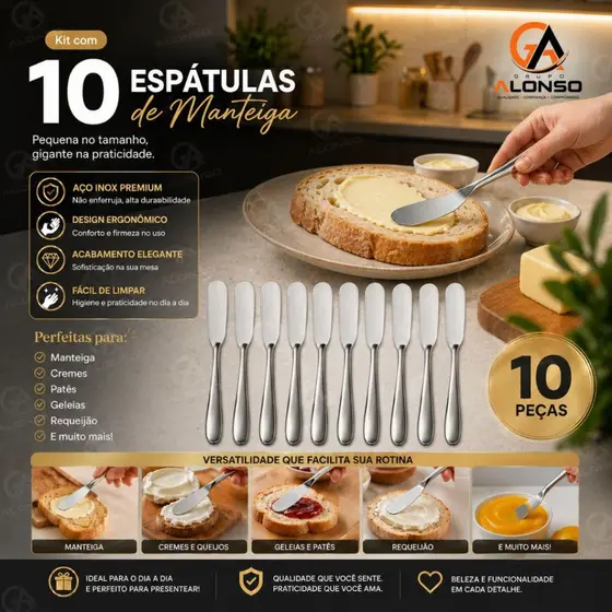 Kit 10/6 Espátulas de Manteiga Aço Inox para Patê Geleia Requeijão Margarina Casa Creme de Avelã