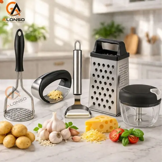 Kit Utensílios Processador Alimentos 500 ml Ralador 4 Faces Amassador Batata e Alho Descascador