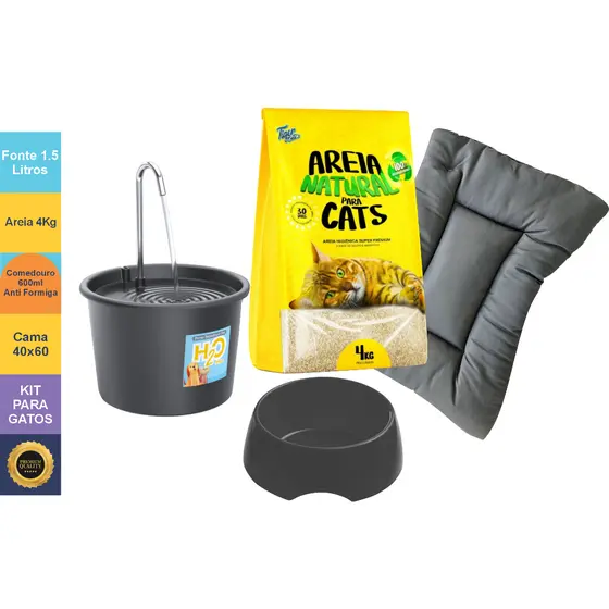 Kit Gato Comepleto Areia 4kg + Fonte Bebedouro 1.5 Litros + Caminha + Comedouro Extra 600ml