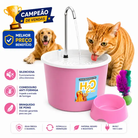 Fonte Bebedouro para Gatos e Cães H2O PLUS + Comedouro 600ml + Pong