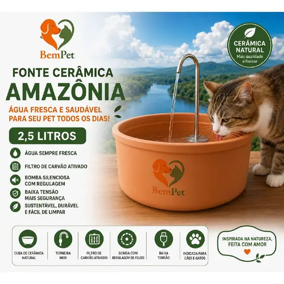 Fonte Bebedouro Premium para Gatos e Cães de Barro - BemPet