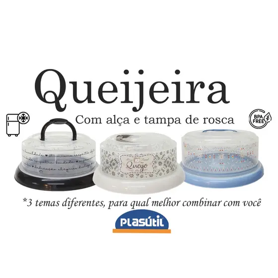 Queijeira em plástico com alça móvel fechamento em rosca - qualidade Plasútil - 4 opções de cores: