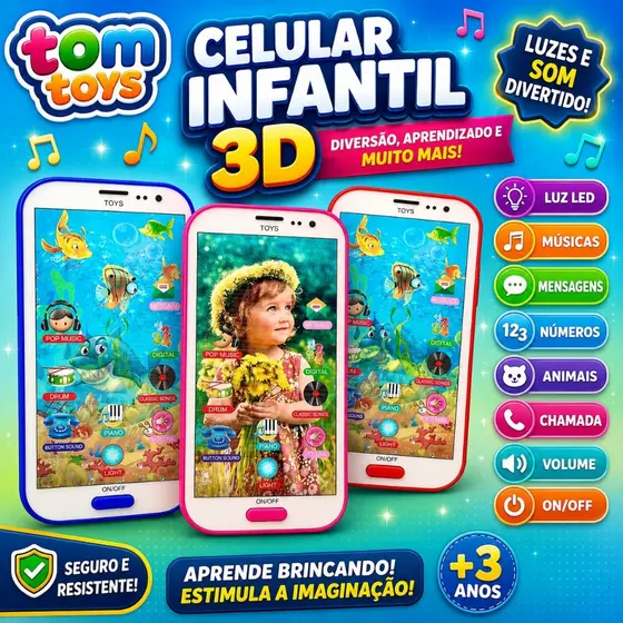 Brinquedo Celular Infantil Musical Sons Com imagem 3D Smartphone Para Criança Infantil Interativo Touch 3D