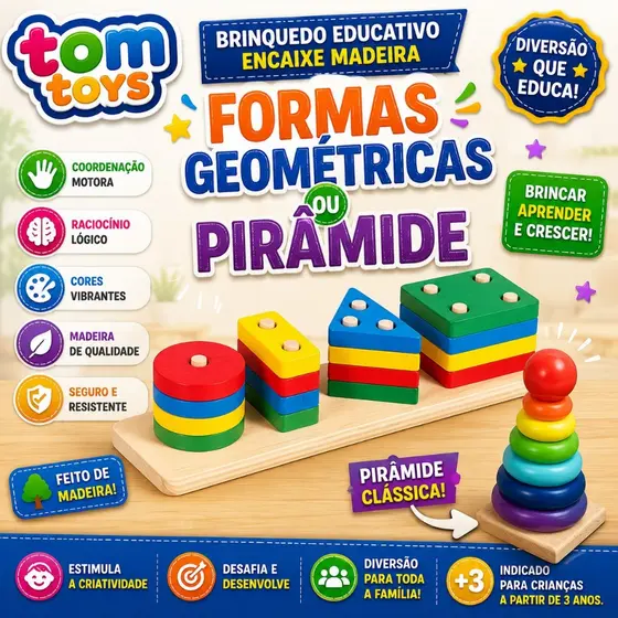 Brinquedo Educativo Montessori Torre Colorida Coordenação MDF Empilhar Formas Encaixe Geométricas