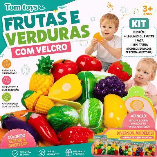 Kit Comidinha Frutas e Verduras Cortar Com Velkro Velcro Brinquedo Crec Crec Peças Infantil