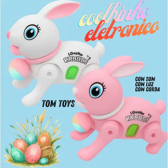 Brinquedo Coelho Coelhinho eletrônico infantil Pula Pula Com Luz, Som e Corda