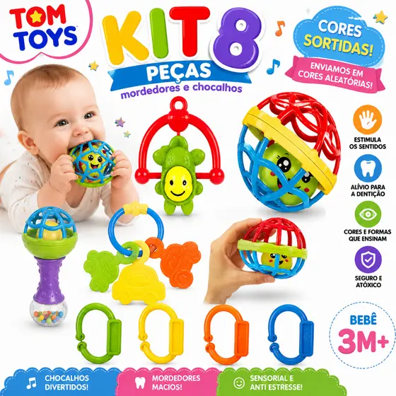 Kit Mordedor para Bebê brinquedo Sensorial Silicone com Chocalho 2/4/8 Peças Coloridas