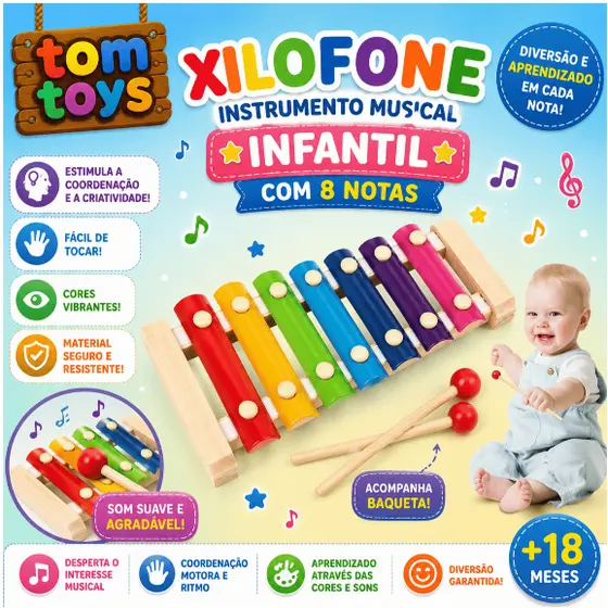 Xilofone Instrumento Musical Infantil Com 8 Notas