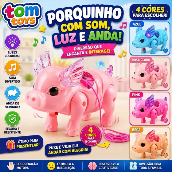 Porco Porquinho de Brinquedo Com Som E Luz Musical Anda