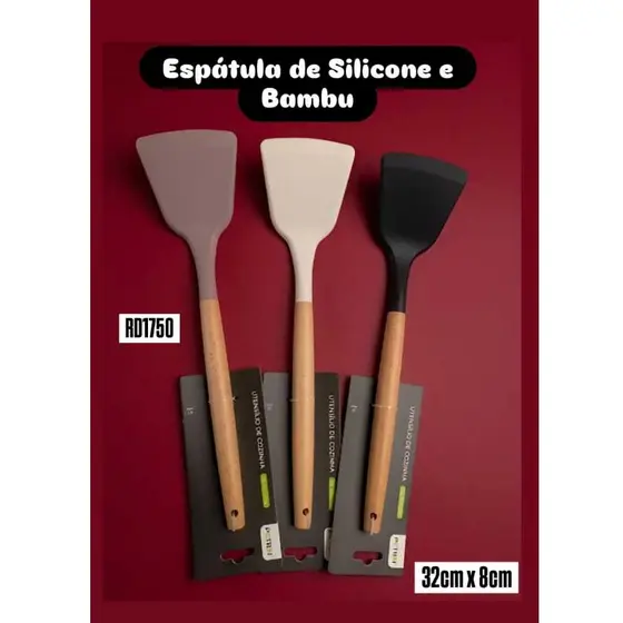 Espatula de Silicone com Bambu 3 Cores Diferentes