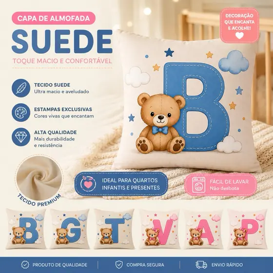 Capa Almofada 45x45 cm Estampada Inicial Nome Infantil Suede Veludo Personagem Urso Menina Menino