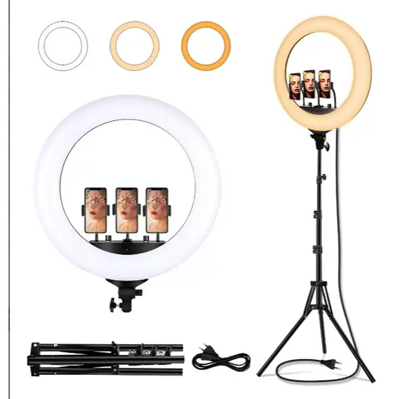 Ring light m45 18 polegadas 48cm profissional 3 celulares com tripé  e fonte imbutida bivolt entrada usb 50watts 4000 lm